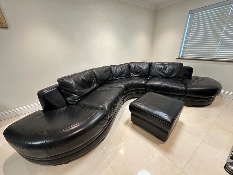 BLACK LEATHER SOFAS + FOOTSTOOL