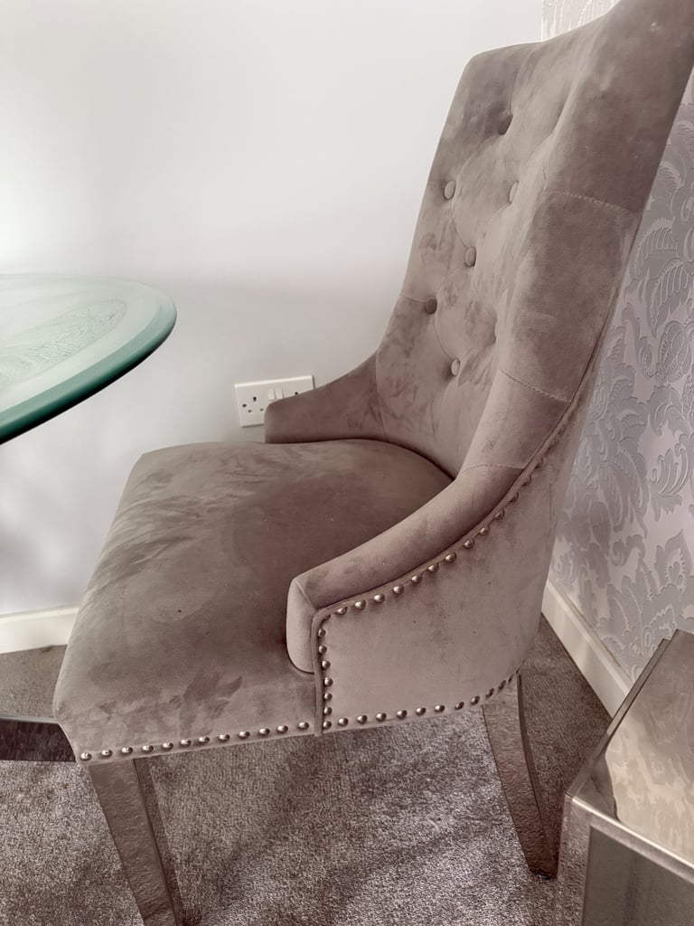 Glass Table & 2 Grey Velvet Knocker Chairs 