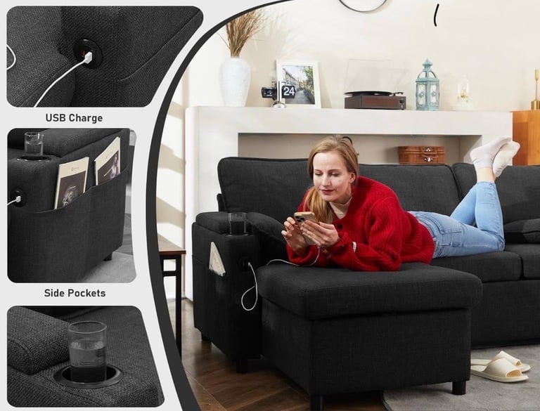 Luxury. All-in-One Sofa Bed with USB, Cupholders, Ottoman & Storage Armrests.