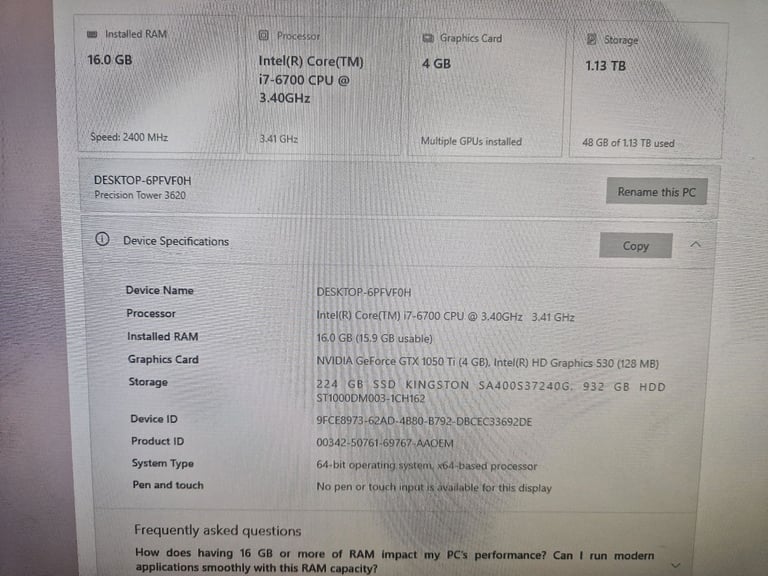 Upgraded Dell Precision Tower 3620 - 17, 16GB RAM, GTX 1050 Ti, 1TB HDD + 240GB SSD