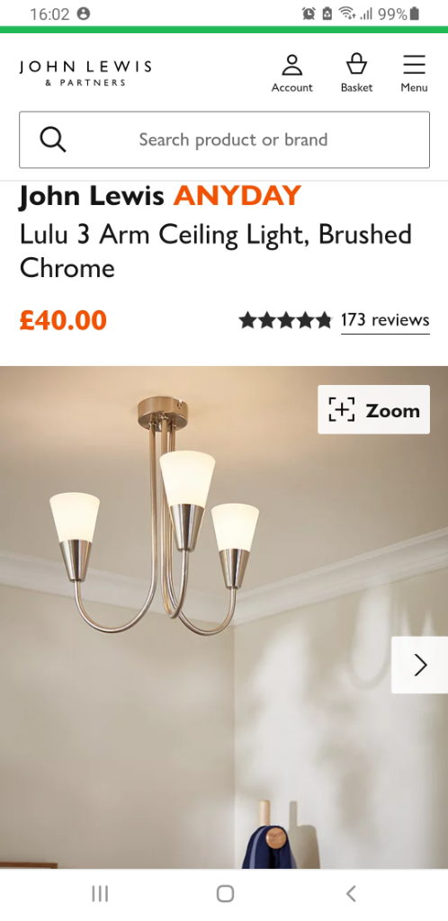 John Lewis Lulu 3 Arm Ceiling Light Brushed Chrome