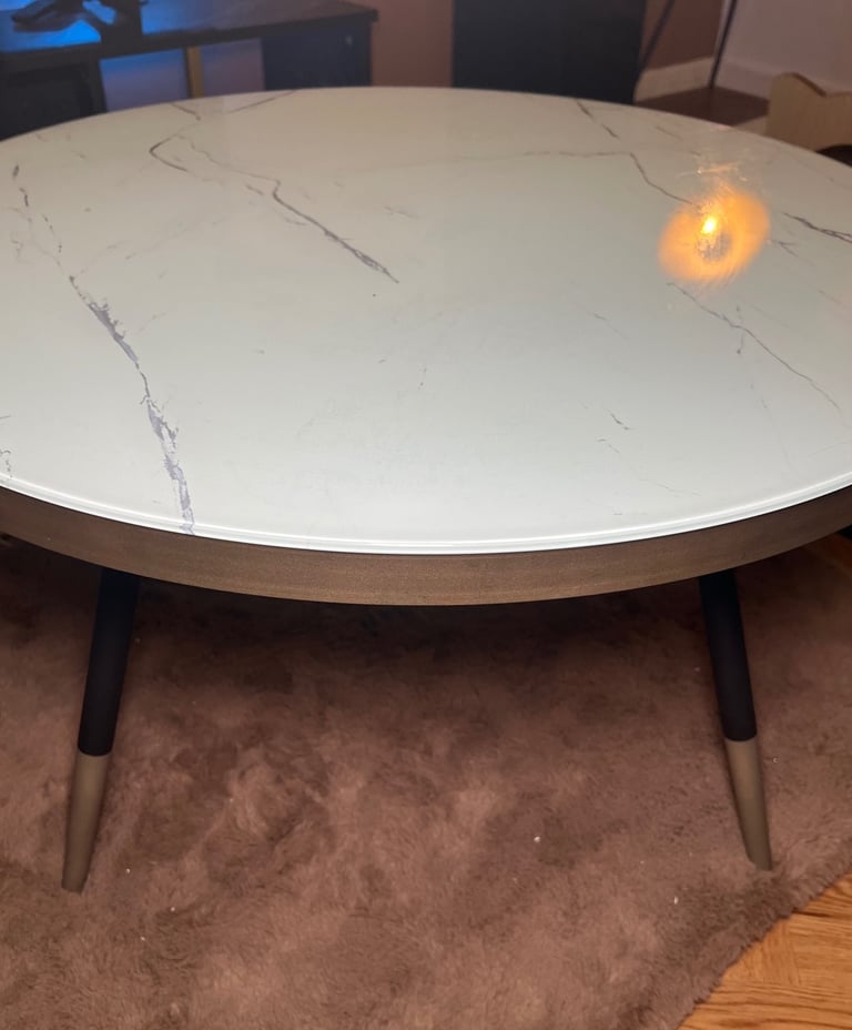 Modern Round Coffee Table – Marble Effect Glass, Gold Finish