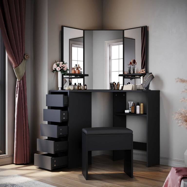 New Black 5 Drawers Makeup Desk with Mirror and Stool RRP £215 Our Price £140