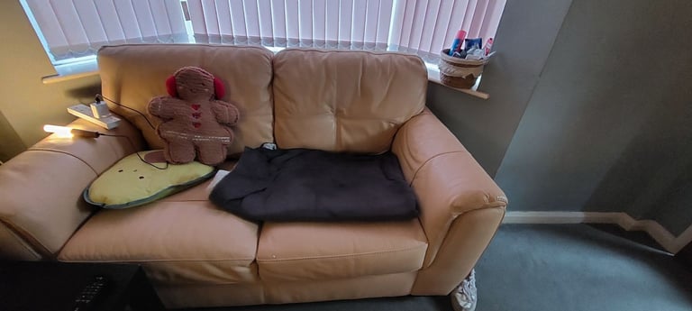 Dark cream leather 2 seater snd 1 large chair 