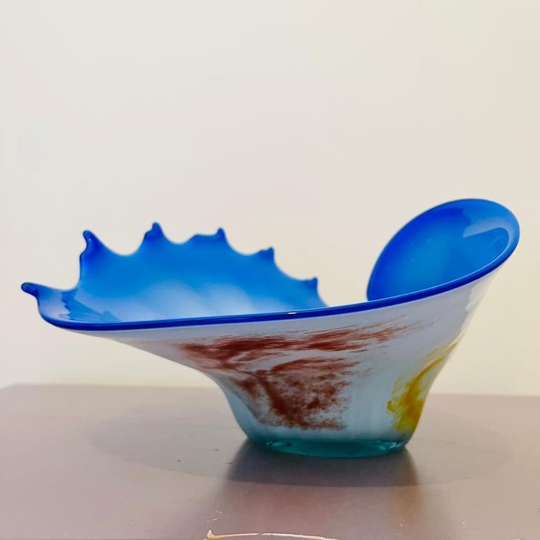 Vintage 1970s Murano Glass Centerpiece Shell Bowl Beautiful Blue 