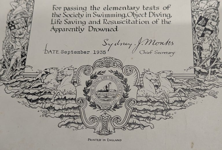1935 THE ROYAL LIFE SAVING SOCIETY ELEMENTARY CERTIFICATE NORWICH SCHOOLS' SA