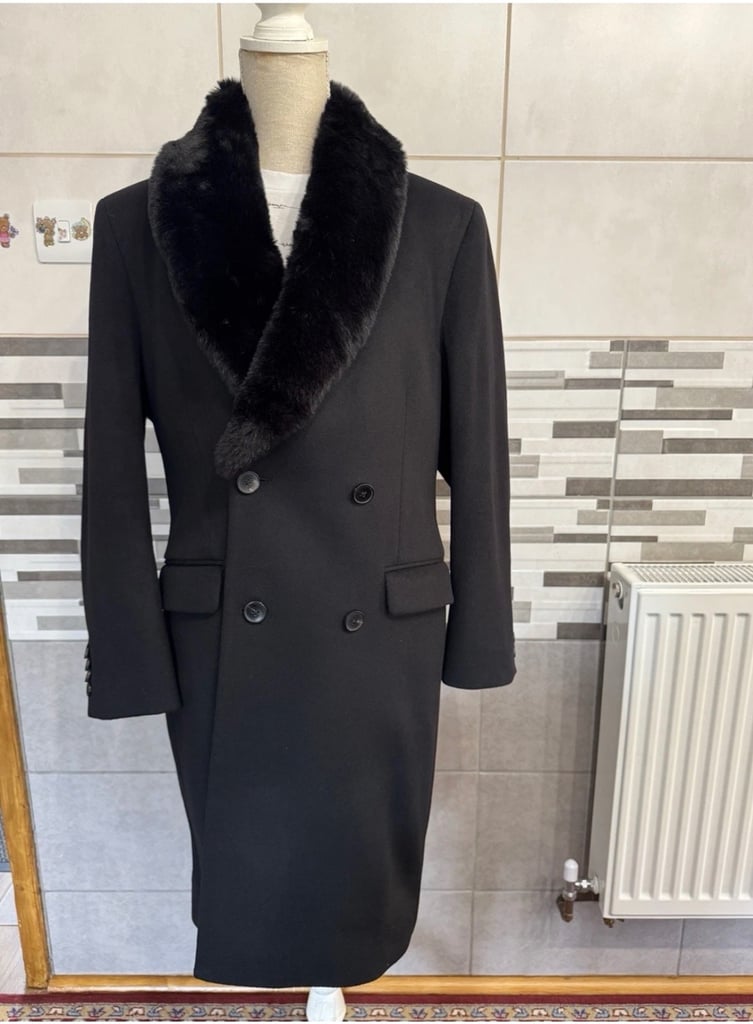 image for Reiss Black Coat women’s Double Wool Cashmere Tailored £325 with Patch worn once VEC