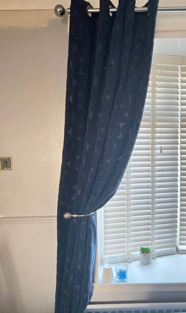 image for Dunelm Elements Sten Geometric Velour Navy Eyelet Curtains 66x90 and 4 cushions