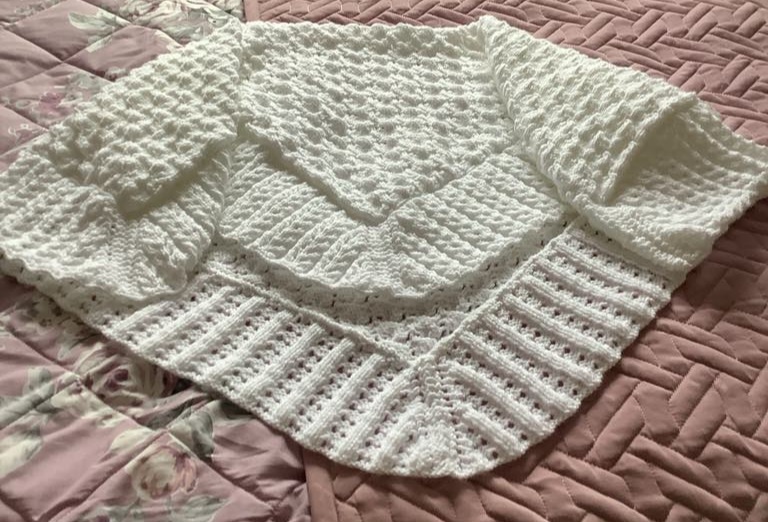 Hand Knitted Baby Shawl/Blanket, White Wool