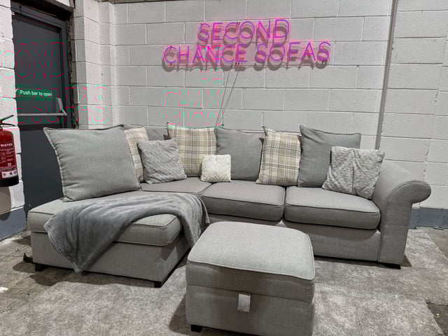 DFS light grey corner sofa and matching footstool with storage