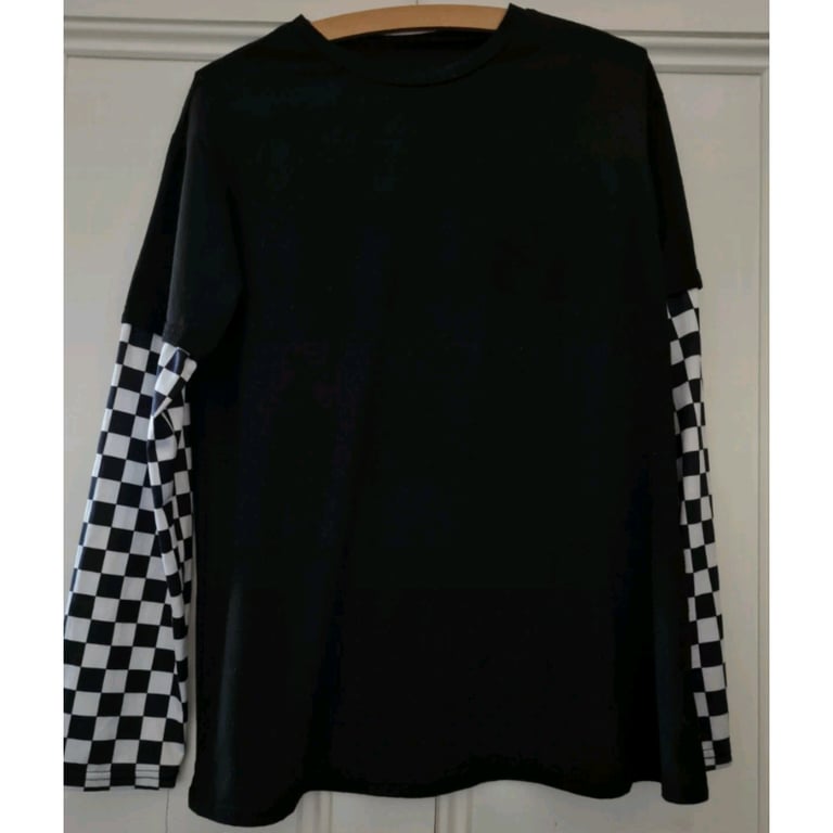 Shein Unisex Black Skater / Emo Top With Checkered Arms, Size S | in ...