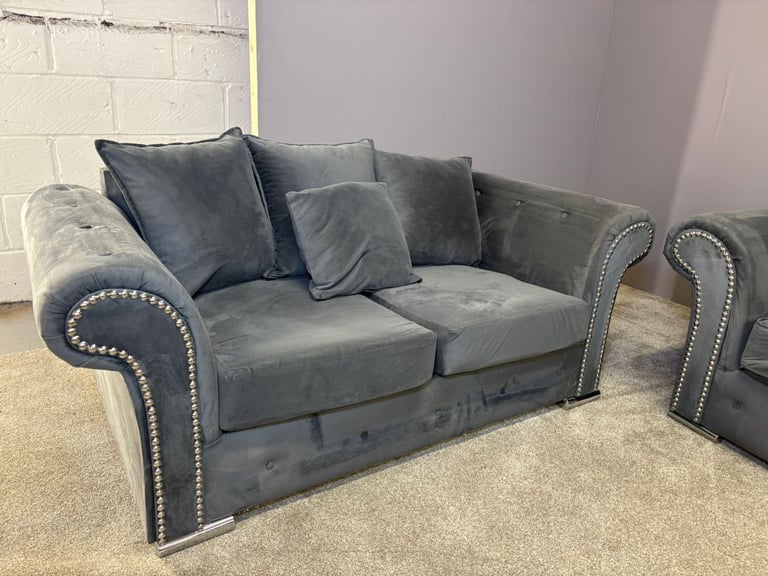 Grey French velvet 3 seater and 2 seater sofa DELIVERY AVAILABLE!