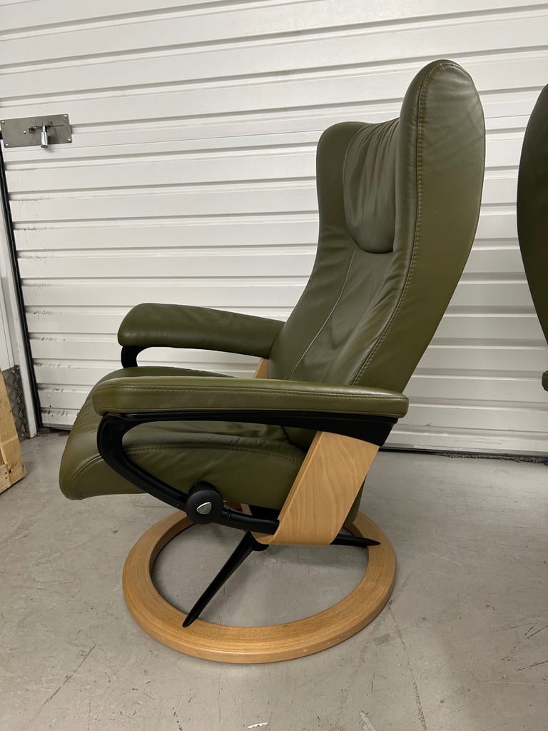 Ekornes Stressless Medium Signature Wing Dark Olive Leather Chairs & Footstool