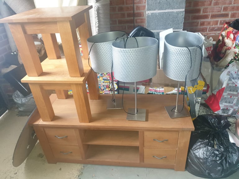 2 x solid oak side tables, tv cabinet and 2 x lamps