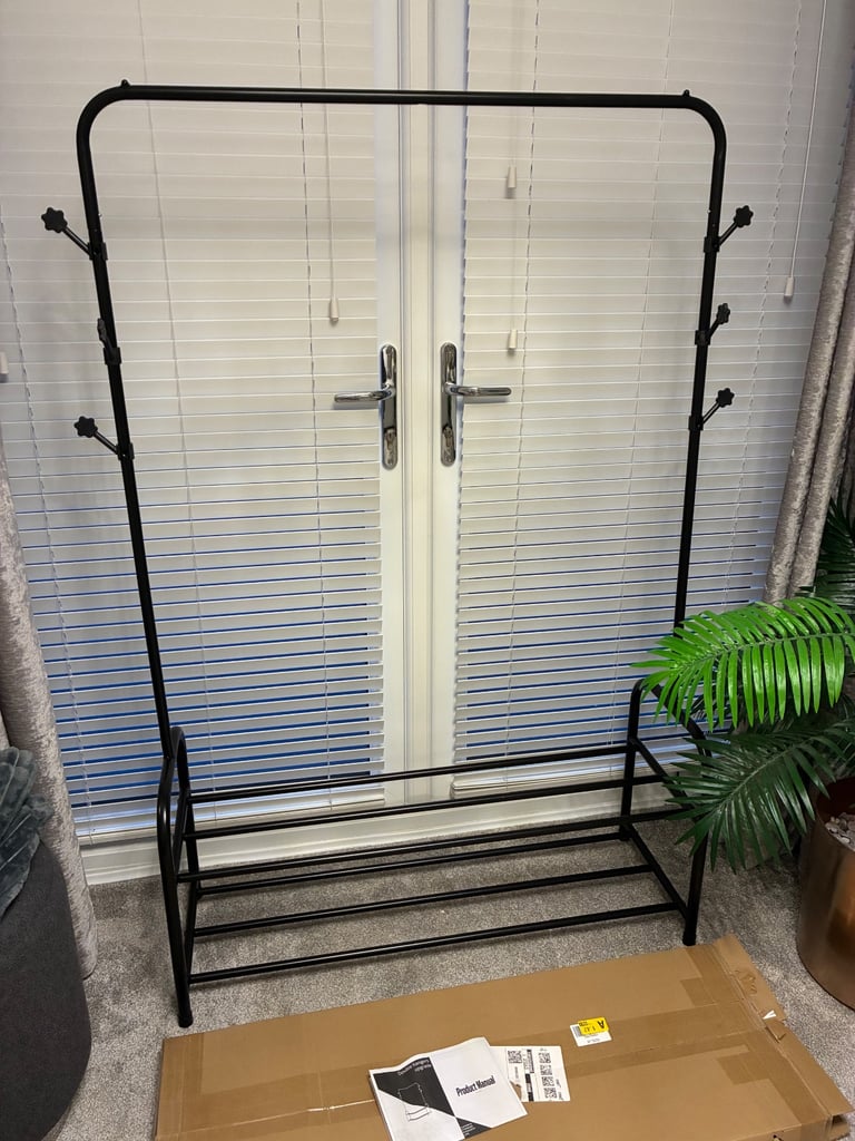 image for BRAND NEW: Clothes Rail with 2 Shelves/Shoe Rack and Hooks, Black