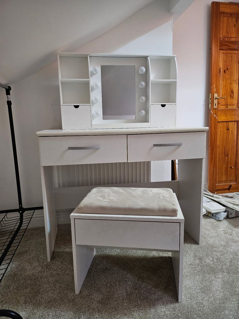 image for White Dressing Table with Mirror and Stool