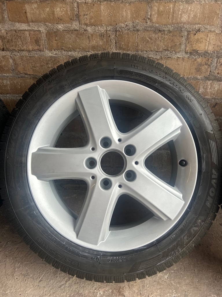 4 x Refurbished Mercedes 16 inch Alloy wheels with 2 x Dunlop + 2 x Avon 195 55 16 tyres (8mm)