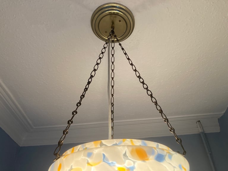 Vintage 1930s Blue, White & Orange Marbled Flycatcher / Plafonnier Glass Lamp Shade