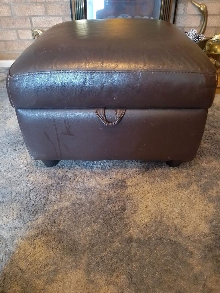 Dark Brown Leather Pouffe with storage Inside Pouffe.