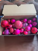 Box of Pink Christmas baubles decs