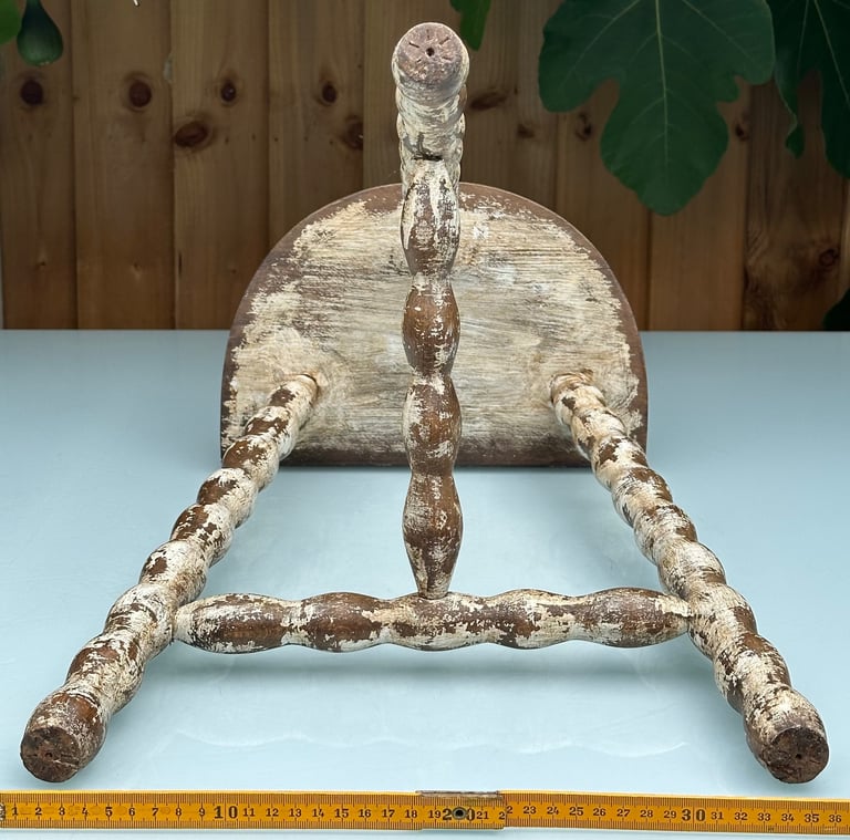 VINTAGE FRENCH BOBBIN LEG STOOL, DEMI LUNE TRIPOD PLANT STAND SIDE TABLE - H46cm - WILL POST!