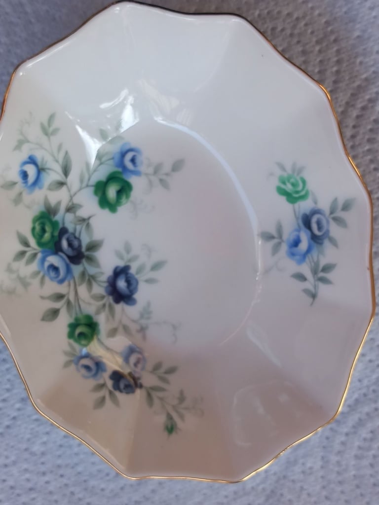 image for Royal Albert Candy/Trinket dish, bone china, blue and green rose-like flowers gold edging
