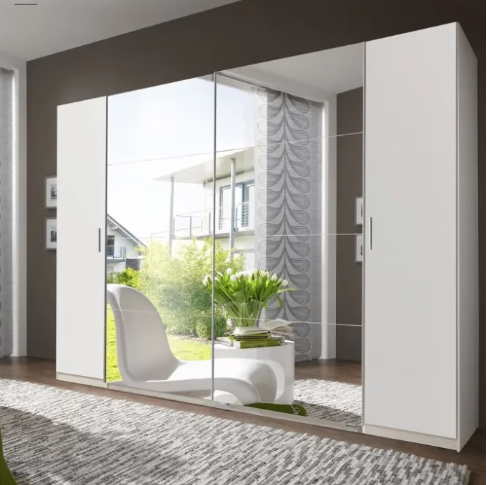image for Brand New - Lotto 4 Door 227cm Mirrored Wardrobe - White