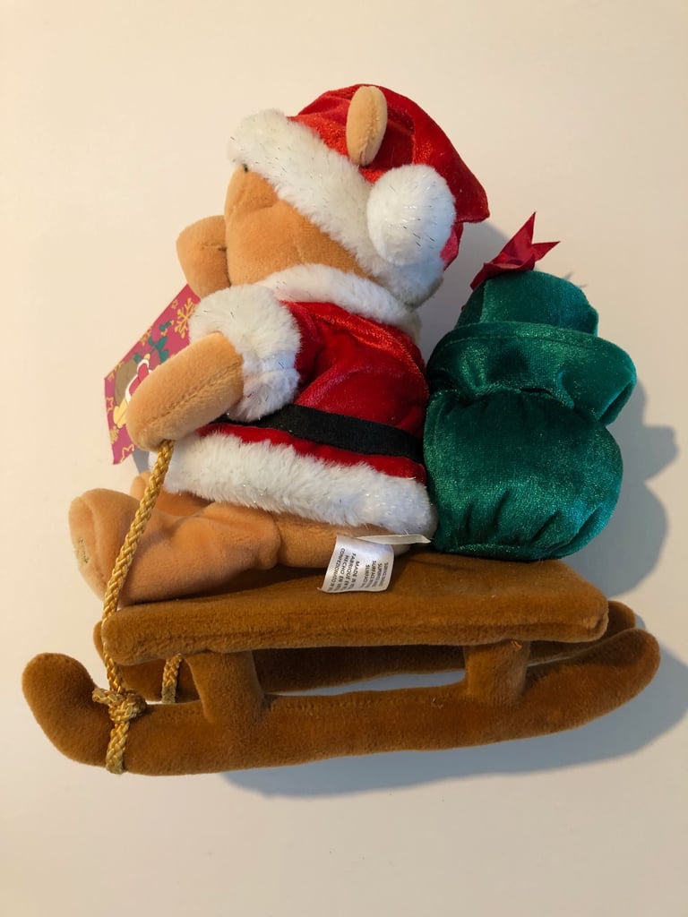 image for Disney Store 2001 Winnie the Pooh on Sleigh, as Santa Beanie, Tagged, Xmas 2001
