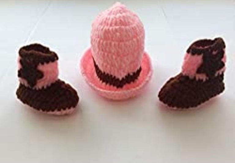image for Cowgirl. Newborn Baby Hat and booties.