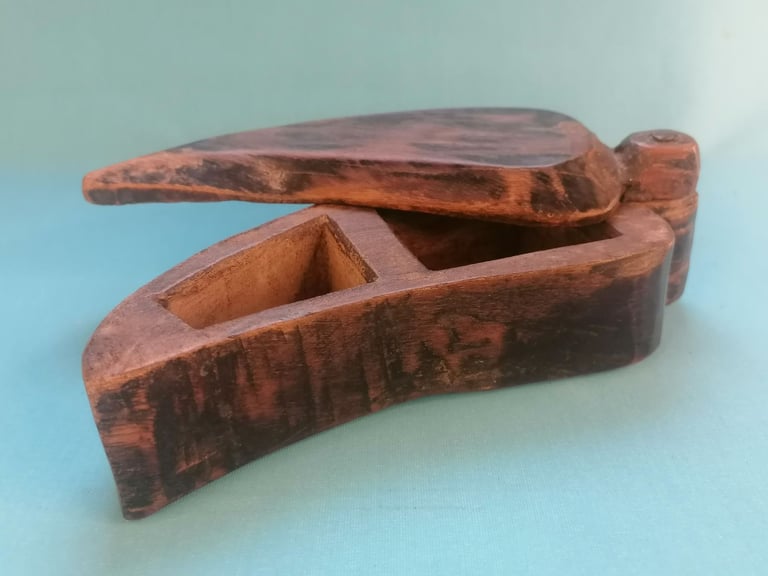 image for Old Antique Leaf Shape Wooden Carved Tika box. Rare Color Tray Spice Pot.