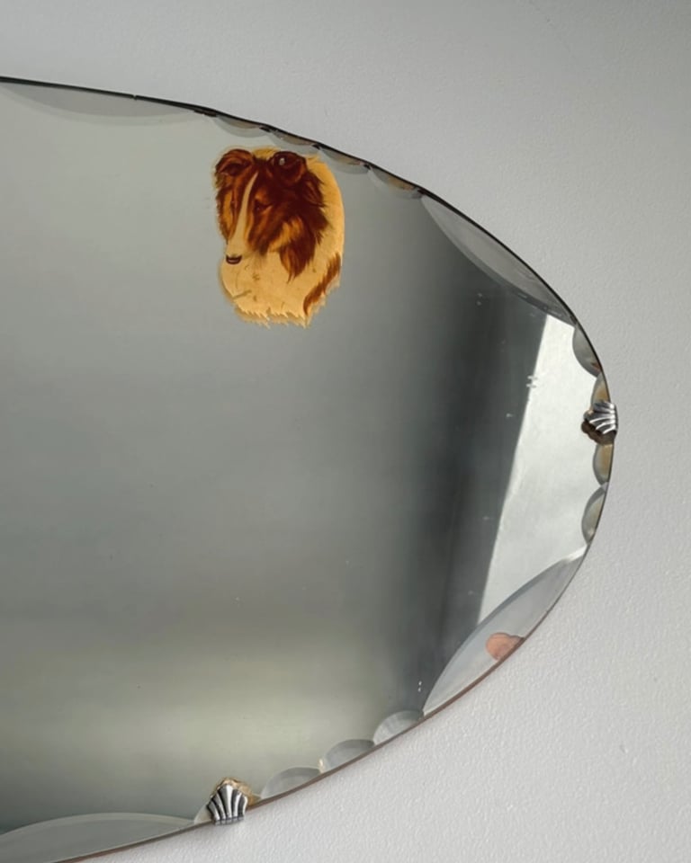 Vintage mid-century Frameless Mirror Art Deco Bevelled Painted Dog 20’s 30’s shell metal