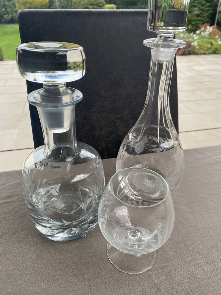 2 x beautiful Cut Glass decanters + one matching brandy balloon glass