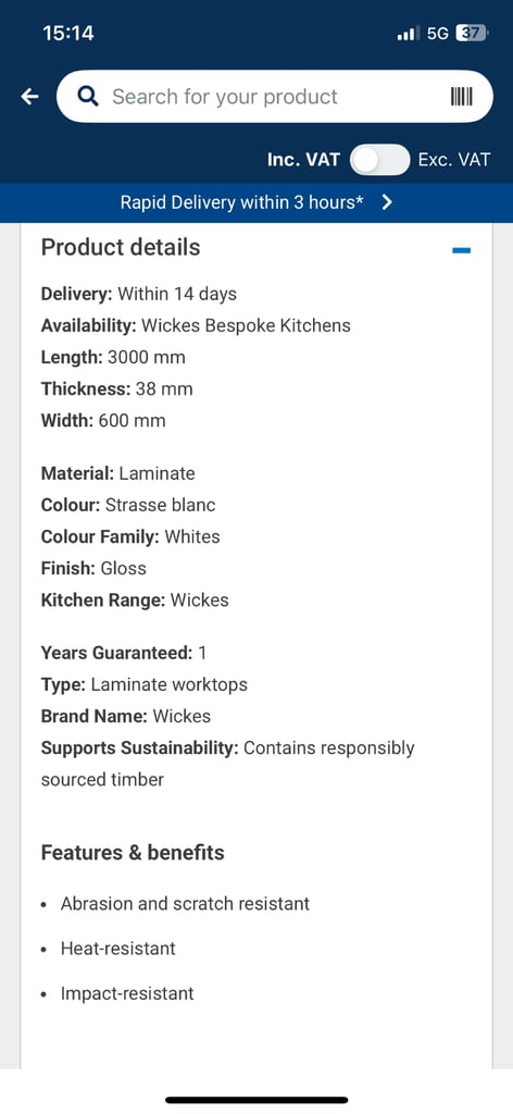 3m Kitchen Worktop, Brand New Wickes 