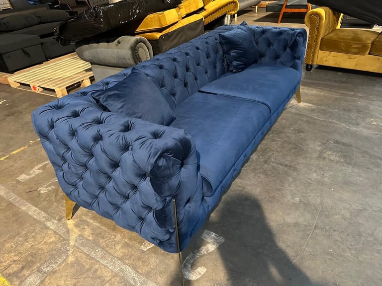 3/1 blue plush velvet chesterfield button sofa set