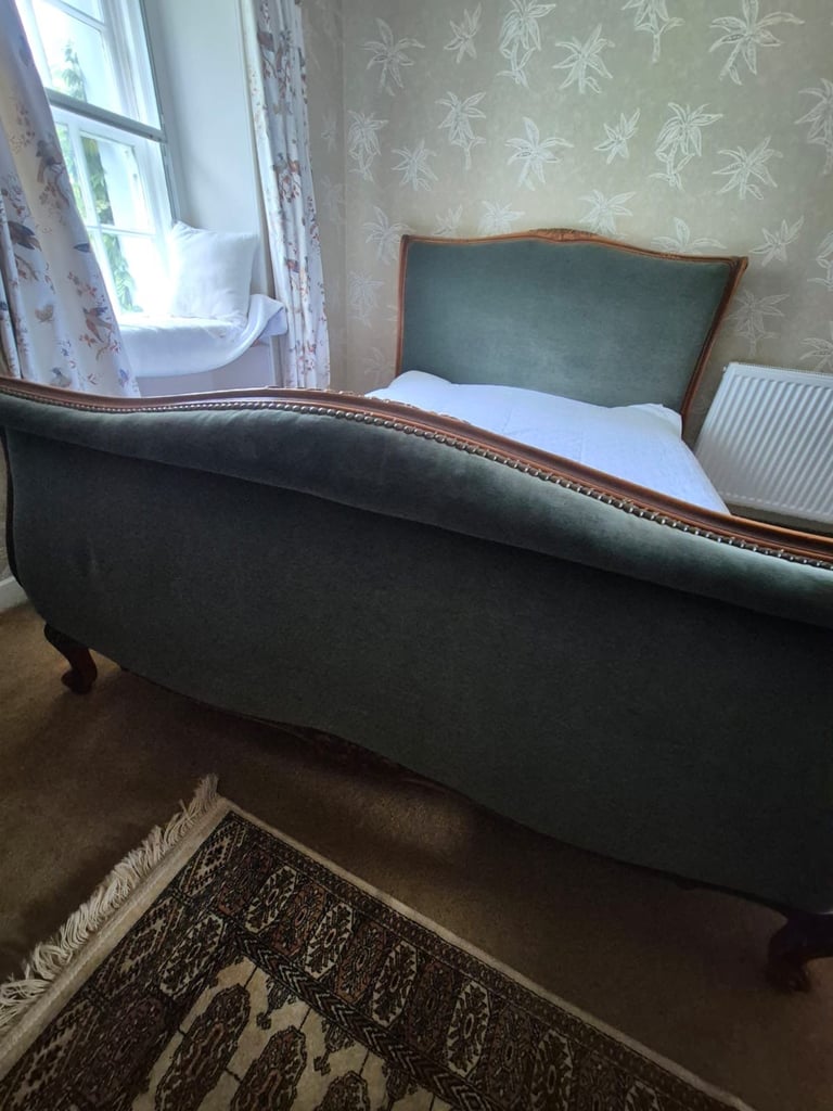 image for Vintage Roll End french hand carved double bed frame with slats