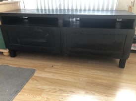Black wood TV stand with 2 drawers