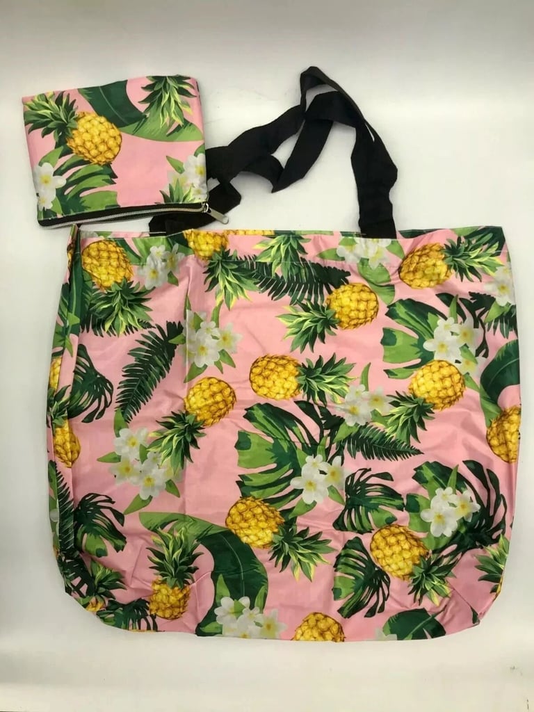 image for Oversized Large Pink Foldable Tote Handbag with Tropical Pineapple Patterns.POST OR COLLECT!