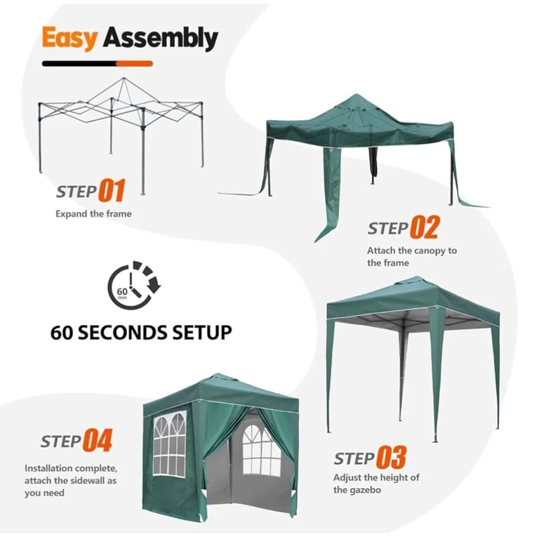 2x2 meter Gazebo in Green with sidewalls