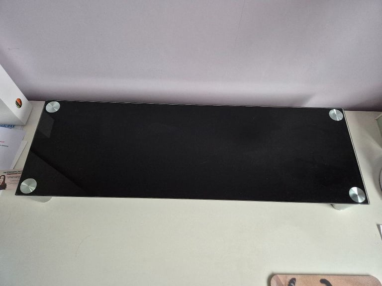 Monitor or TV stand riser - black glass with chrome legs - 80cm wide x 26cm deep x nearly 9cm tall