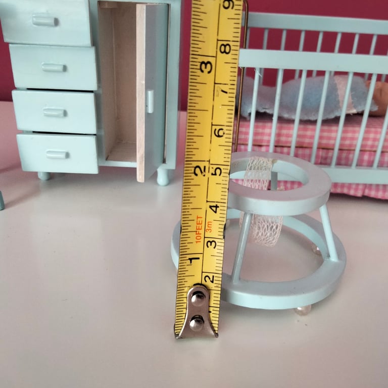 Dolls house blue nursery furniture set including baby head 