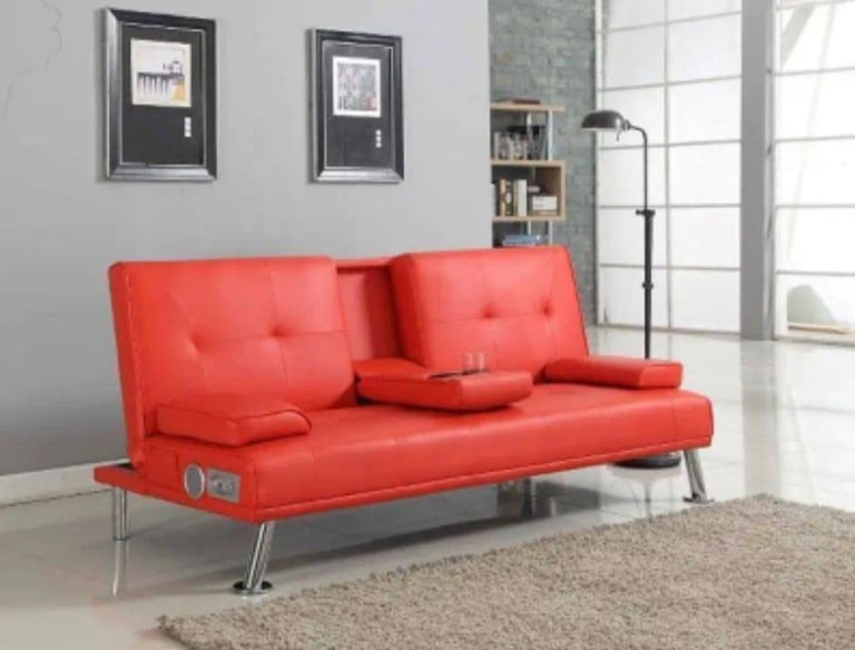  New Modern Red Sofa Bed Couch Faux Leather Sofabed with 2 Cup Holders & Bluetooth Speakers | Sale
