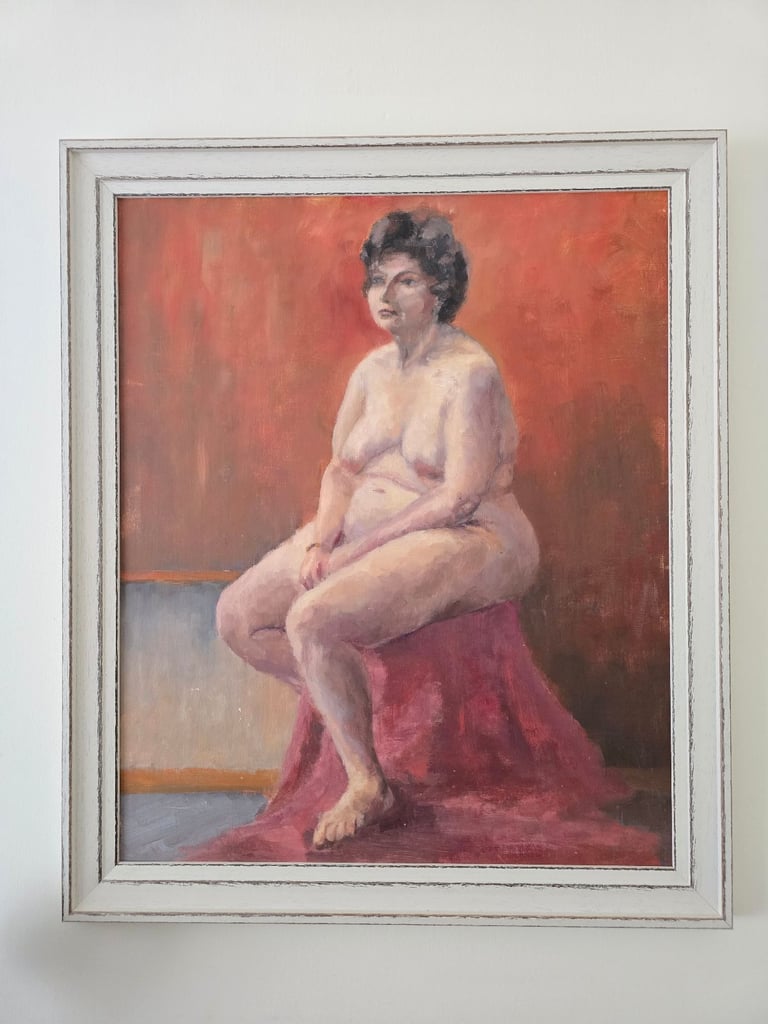 Large framed oil painting on board - nude woman - unknown artist