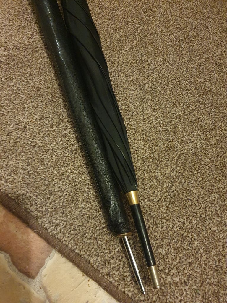 2 Vintage Pop Up Umbrellas, Great Condition For Age, No Damage, Clean, Wood & Leather Handles