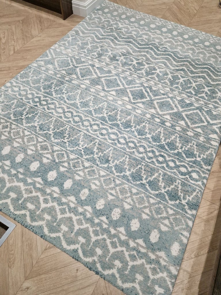 image for Blue White Teal Patterned Geometric Rug