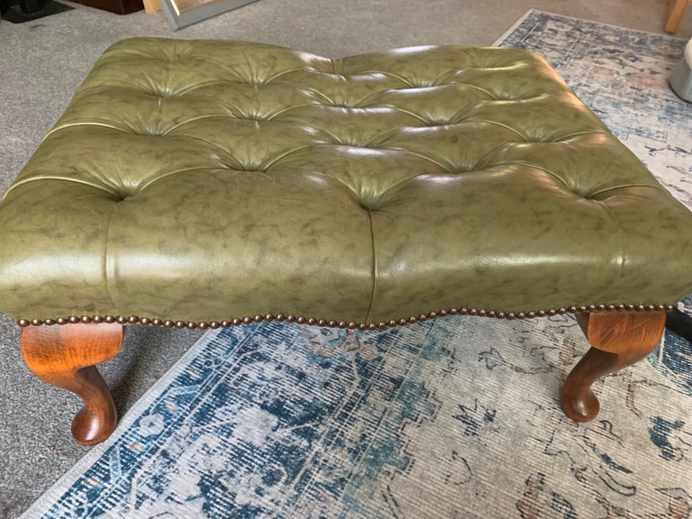 Large Chesterfield Queen Anne Button Green Leather Footstool