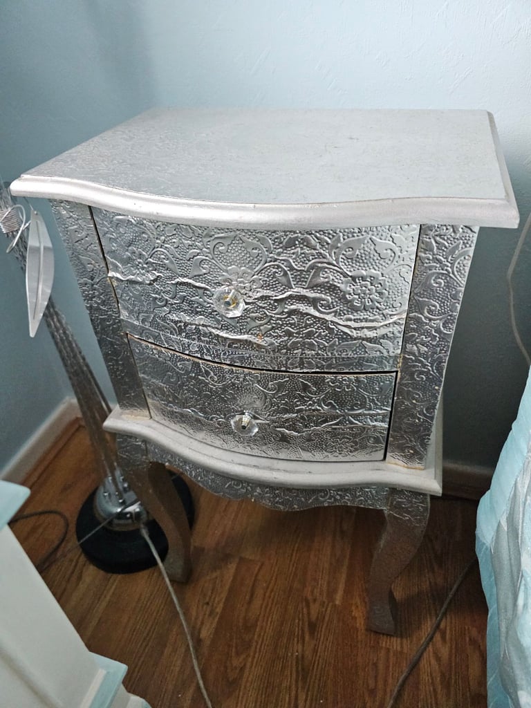 image for Silver bedside table drawers embossed side unit side table 