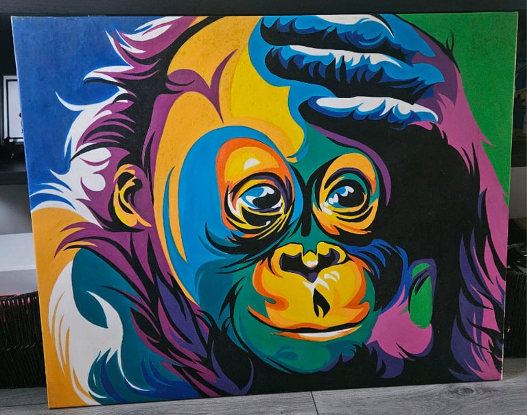 Vibrant monkey oil painting on canvas from Thailand -99cm W x 79cm L
