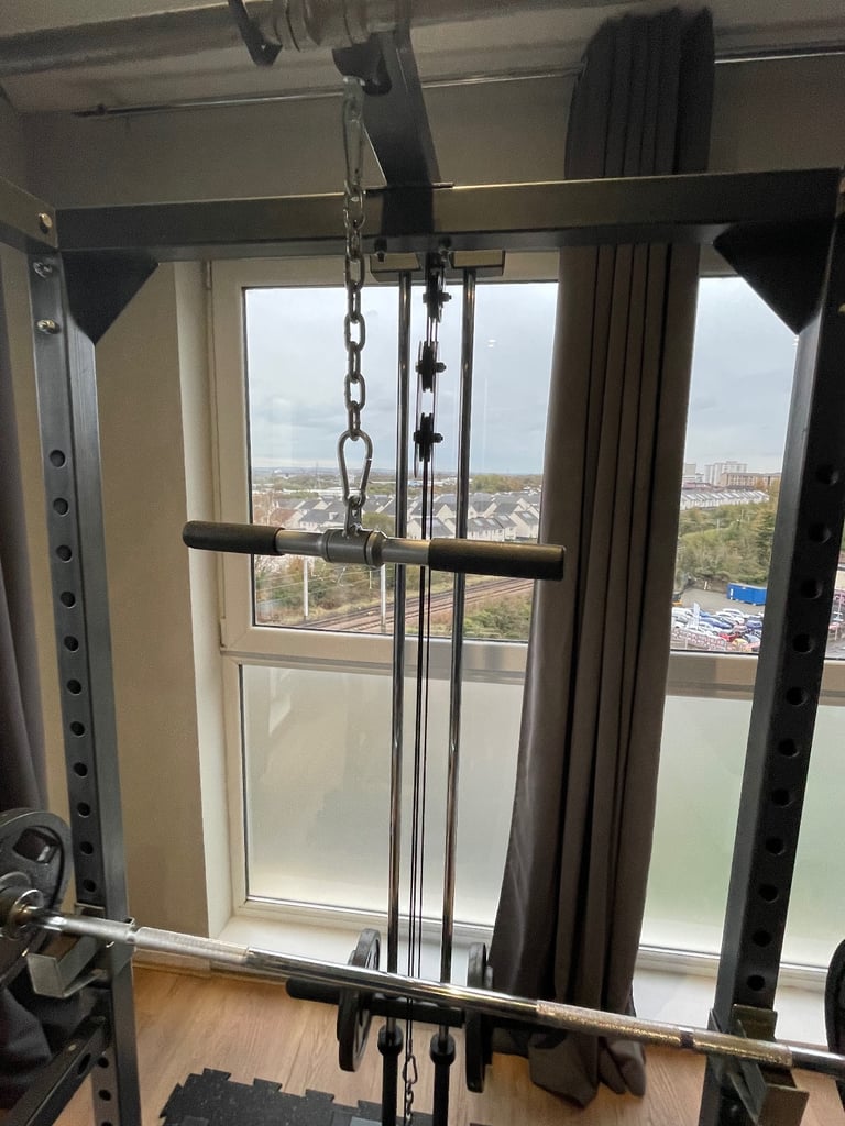 Bodymax full rack, attachments, 215kg cast weight plates and tree, 7ft 20kg barbell, bench, dumbells