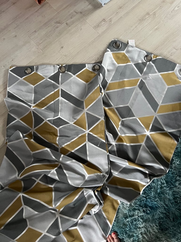 Grey / Silver / Mustard Geometric curtains cushion covers and throws