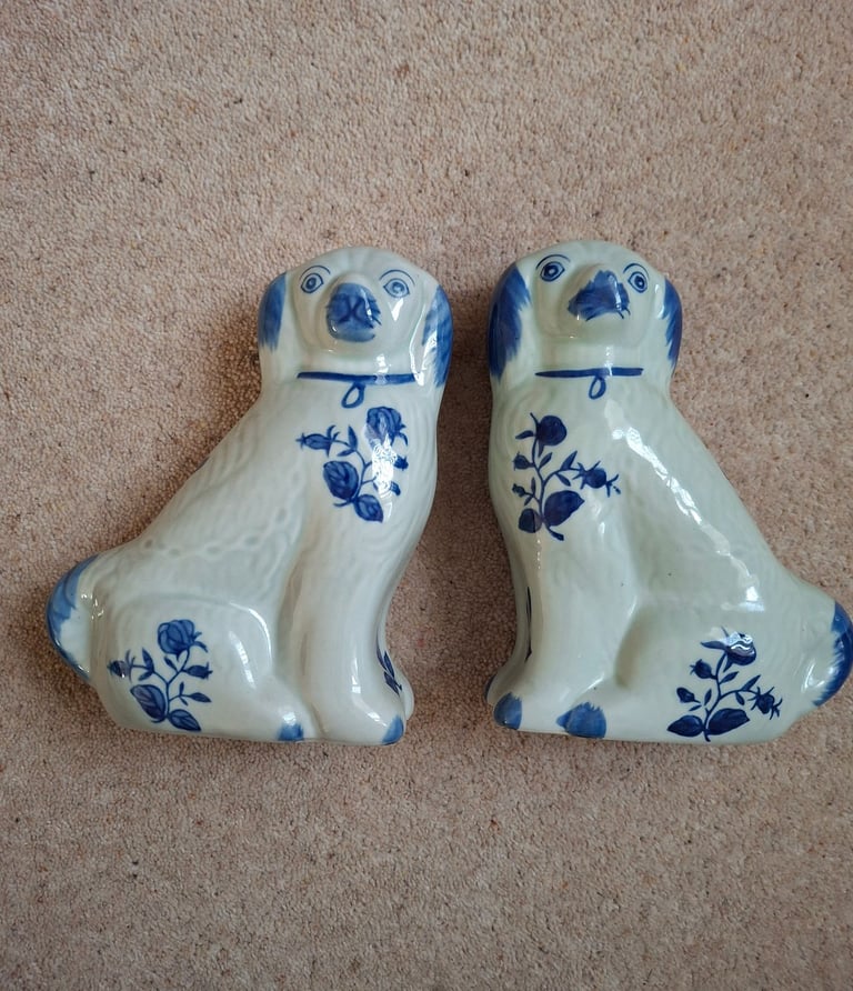 Vintage Staffordshire Spaniel Style Blue White Dog Ornaments